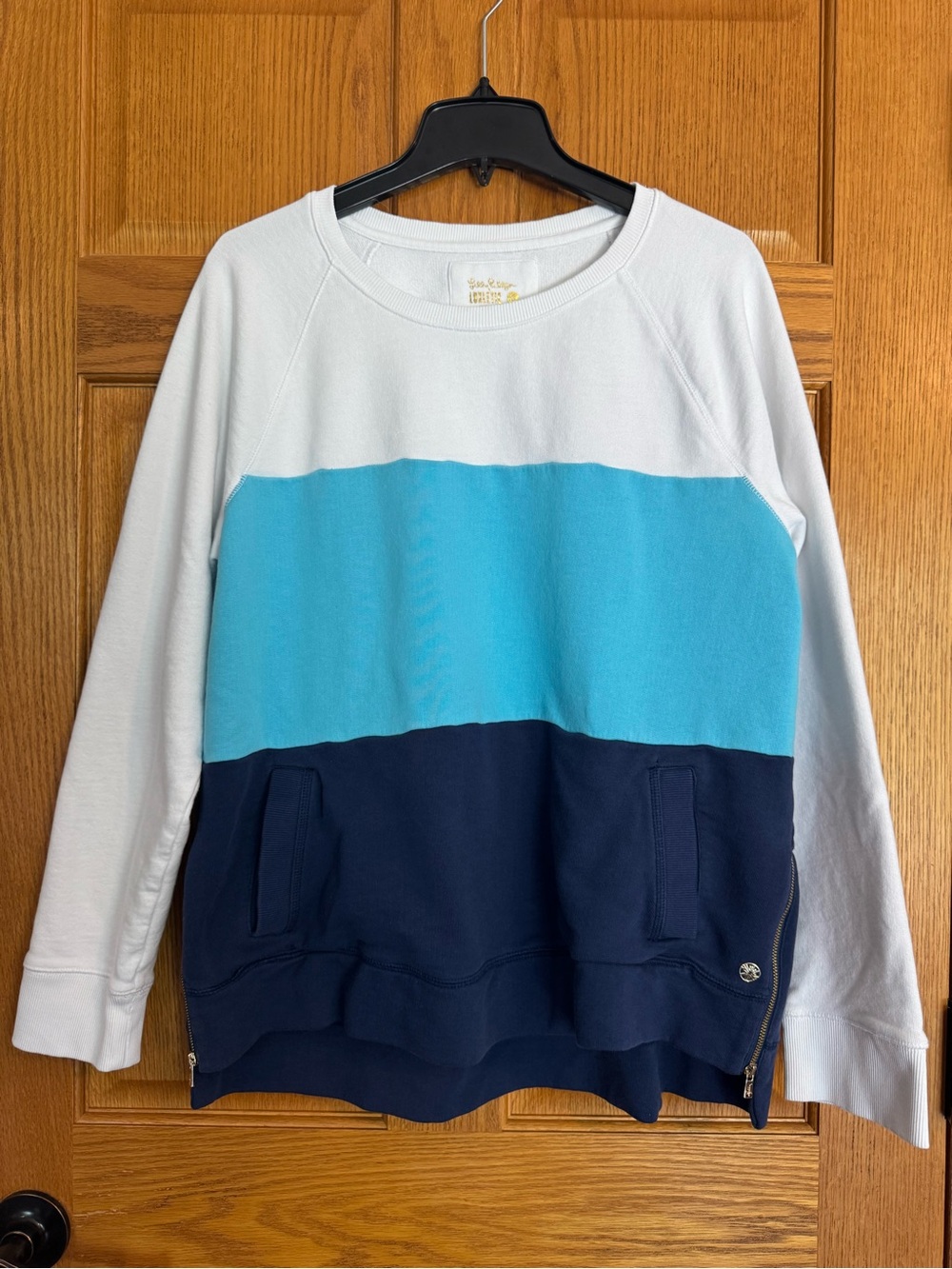 Lilly Pulitzer XL Colorblock Pullover Sweatshirt White Turq Navy 100% Cotton